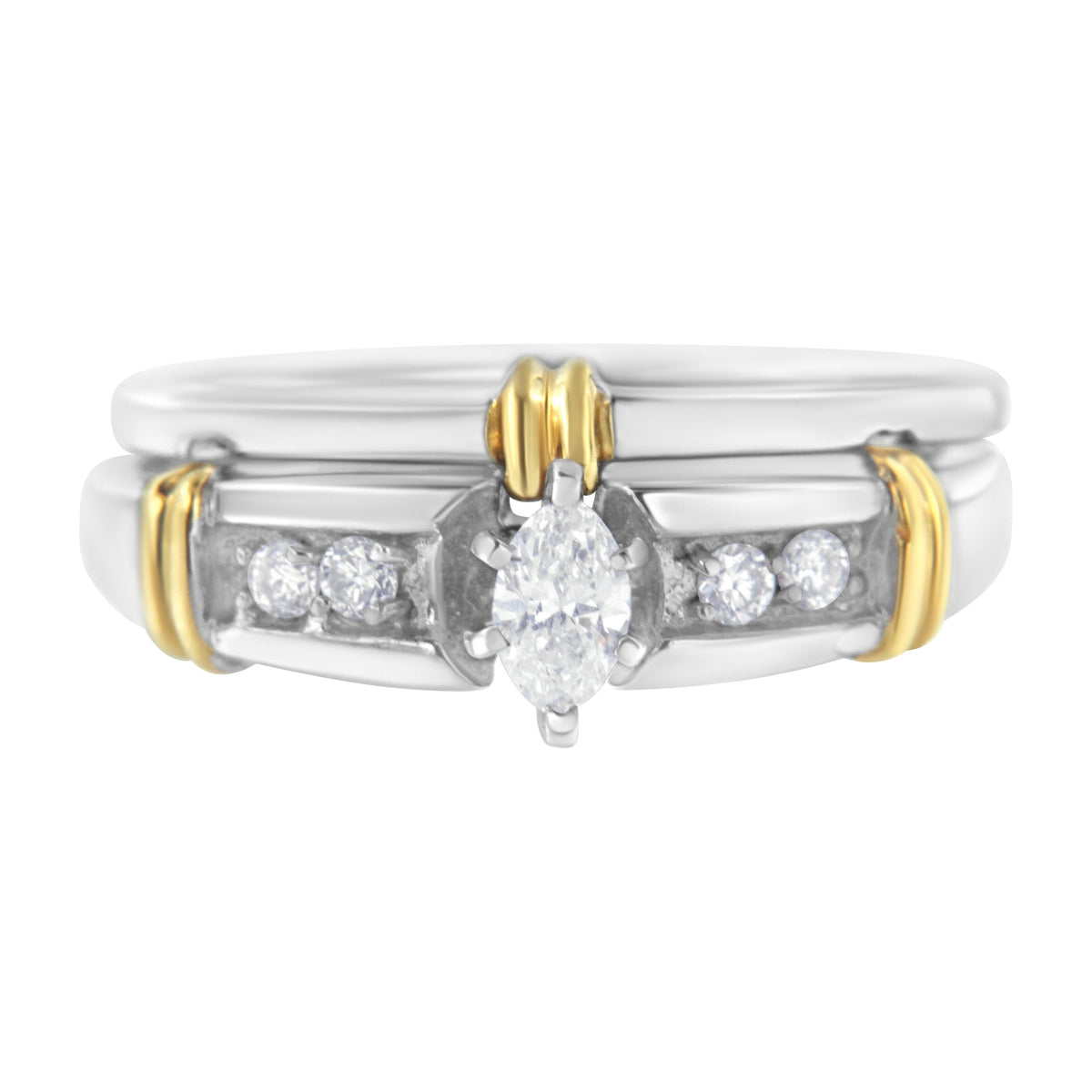 Anillo de compromiso y cóctel con diamantes marquesa de 1/3 Cttw de oro amarillo y blanco de 14K (color H-I, claridad SI1-SI2) - Talla 7