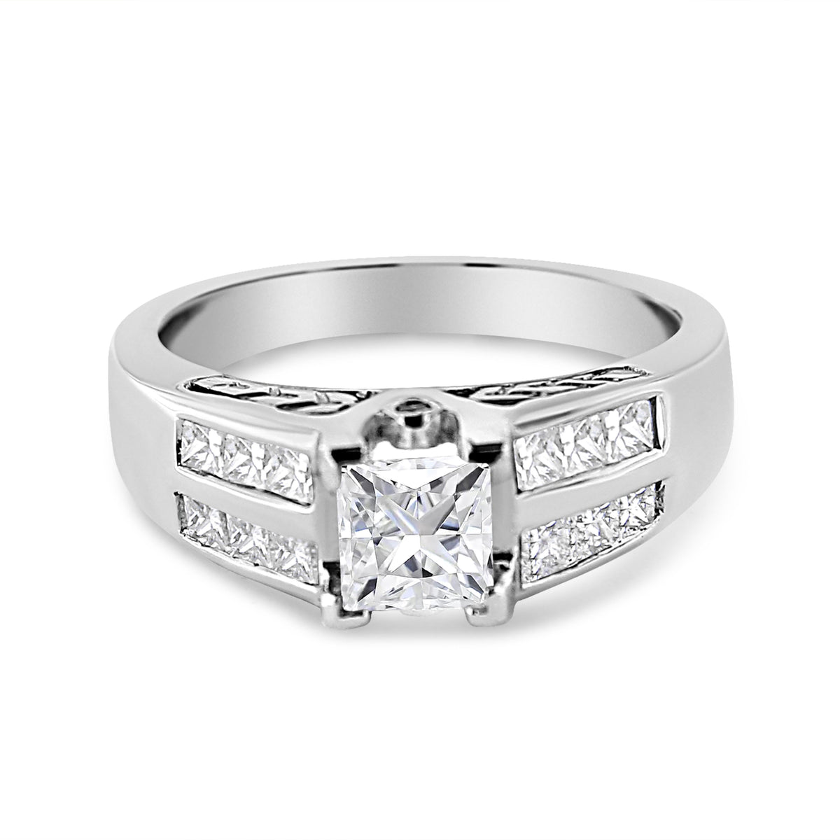 Anillo de compromiso de oro blanco de 14K con diamantes de talla princesa de 1 1/4 Cttw engastados en carril (color H-I, claridad SI1-SI2) - Talla 7