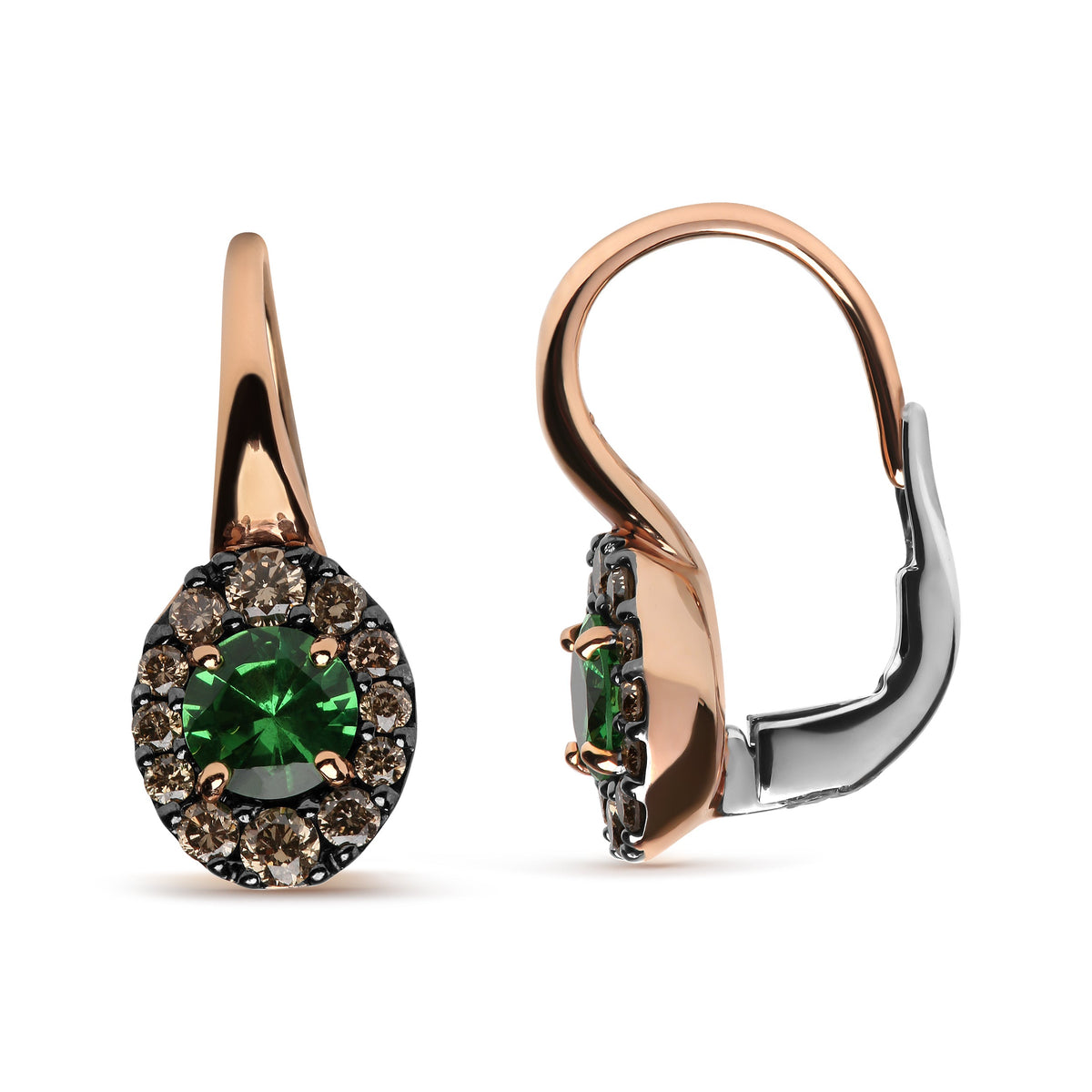 Pendientes de aro colgantes de oro rosa y blanco de 18K con diamantes marrones redondos de 3/8 Cttw y halo de gemas de tsavorita verde redondas (color marrón, claridad SI1-SI2)