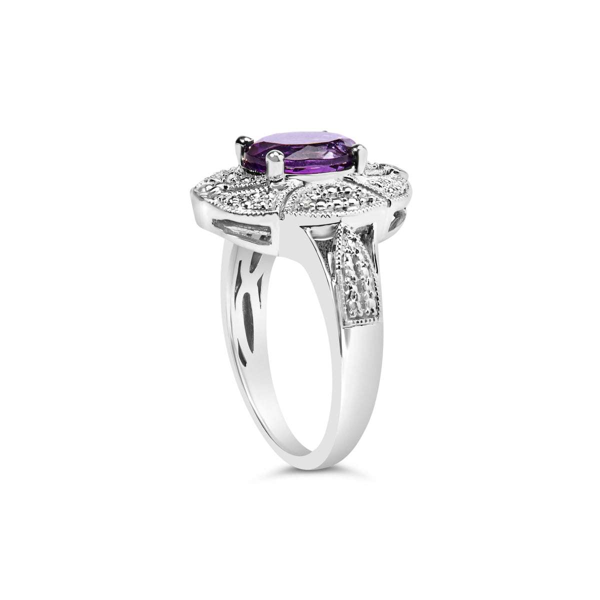 Anillo de cóctel de estilo art déco con amatista morada ovalada de 9x7 mm y detalles de diamantes en plata de ley .925 (color I-J, claridad I1-I2) - Talla 6
