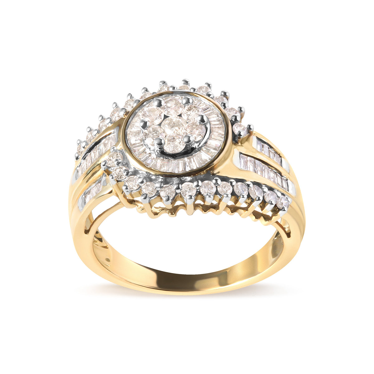 Anillo de banda en espiral con racimo de diamantes redondos y de talla baguette de oro amarillo de 10K y 1 quilate (Color H-I, Claridad I1-I2) - Talla de anillo 7