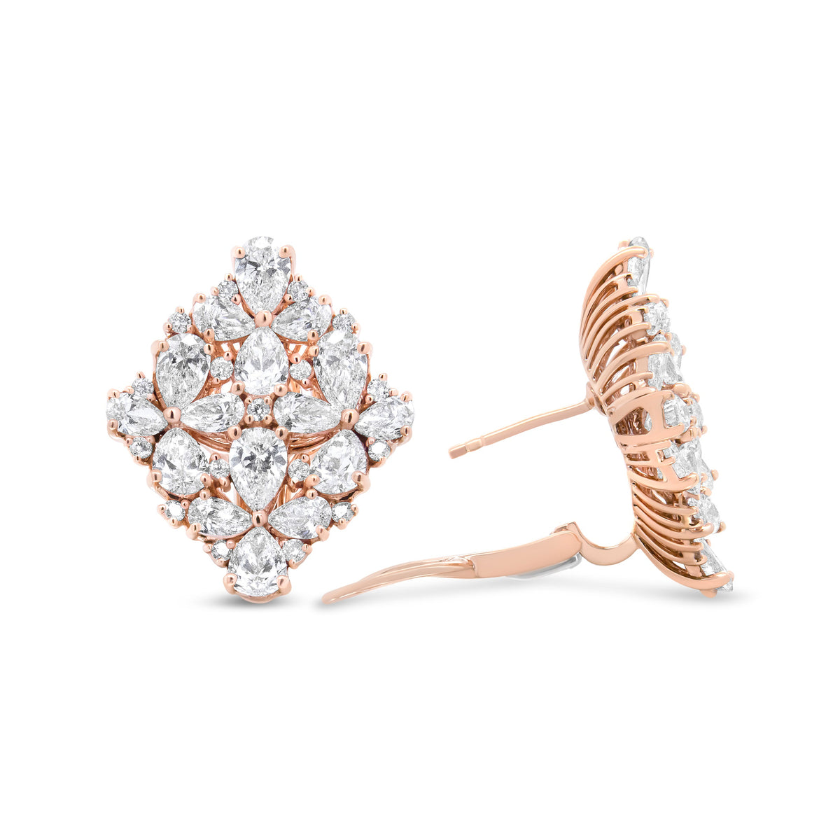 Pendientes Omega de racimo floral de perlas y diamantes redondos de oro rosa de 18 quilates y 8 1/3 Cttw (color F-G, claridad VS1-VS2)