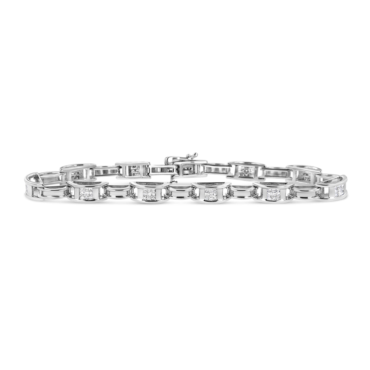 Pulsera de tenis de oro blanco de 14 quilates con diamantes princesa de 1,0 quilates engastados invisibles y eslabones alternos (color I-J, claridad I1-I2) - 7,25"