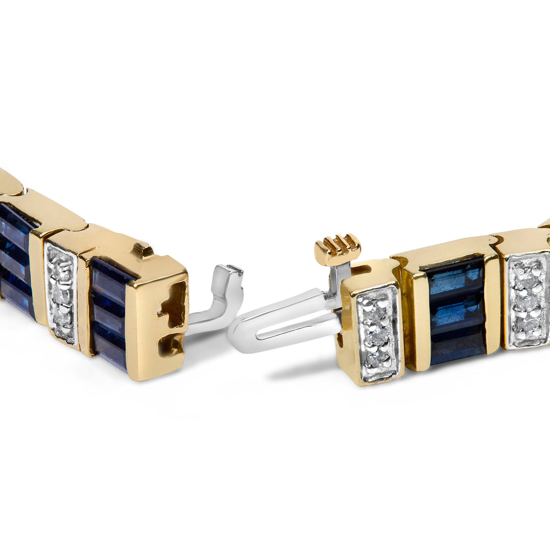 Pulsera de eslabones alternos de oro amarillo de 14 quilates con diamantes de 2/5 Cttw y zafiros azules talla baguette de 8.0 Cttw (color G-H, claridad VS1-VS2) - 7 pulgadas