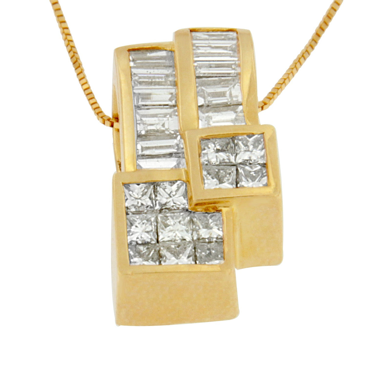 Collar con colgante geométrico de oro amarillo de 14K con diamantes talla princesa y baguette de 1 1/2 quilates (color H-I, claridad VS1-VS2)