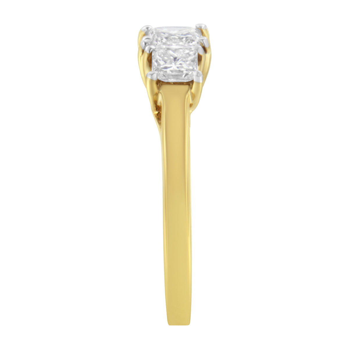 Anillo de oro amarillo de 10 qt con diamantes de talla princesa de tres piedras (1 quilate total, color J-K, claridad I1-I2) - Talla 6