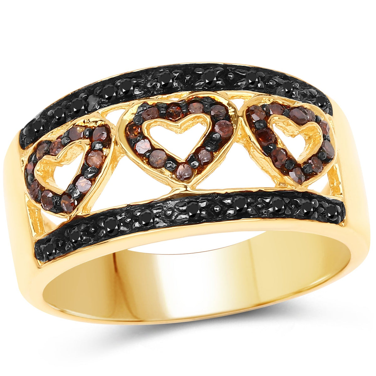 Anillo de plata esterlina .925 con baño de oro amarillo de 14 quilates, diamante negro genuino de 0,32 quilates y diamante rojo