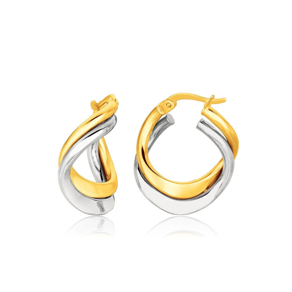 Pendientes de oro de dos tonos de 14k con un elegante estilo de doble giro