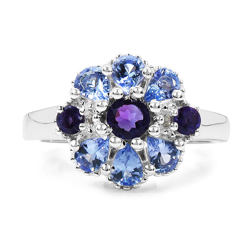 Anillo de plata esterlina 925 con tanzanita genuina de 1,25 quilates, amatista y topacio blanco