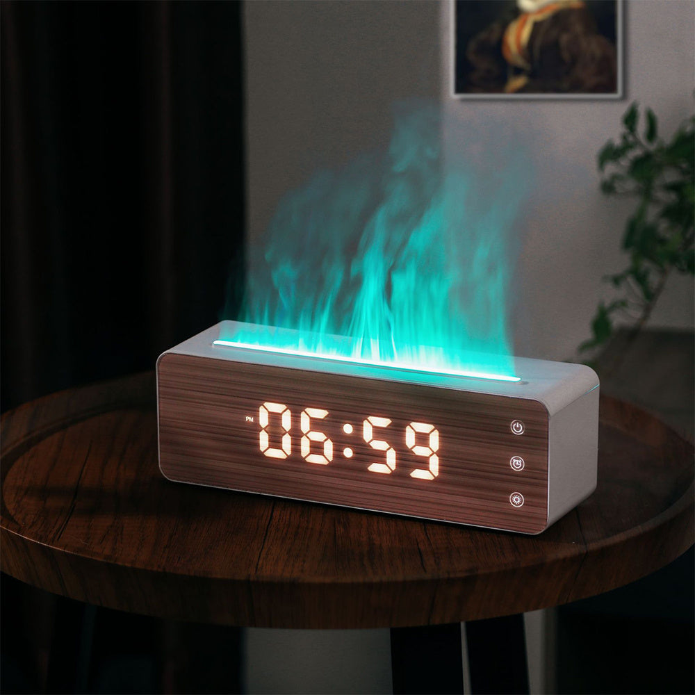 Flame Humidifier & Clock - Diffuser with Humidity Display - LED Light Fire Effect