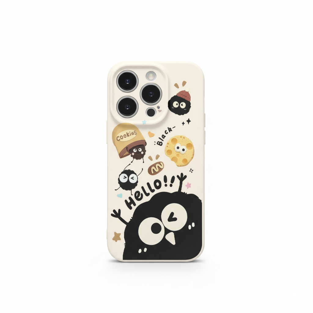Serie de fundas para teléfono con simpáticos personajes de bolas de carbón negro