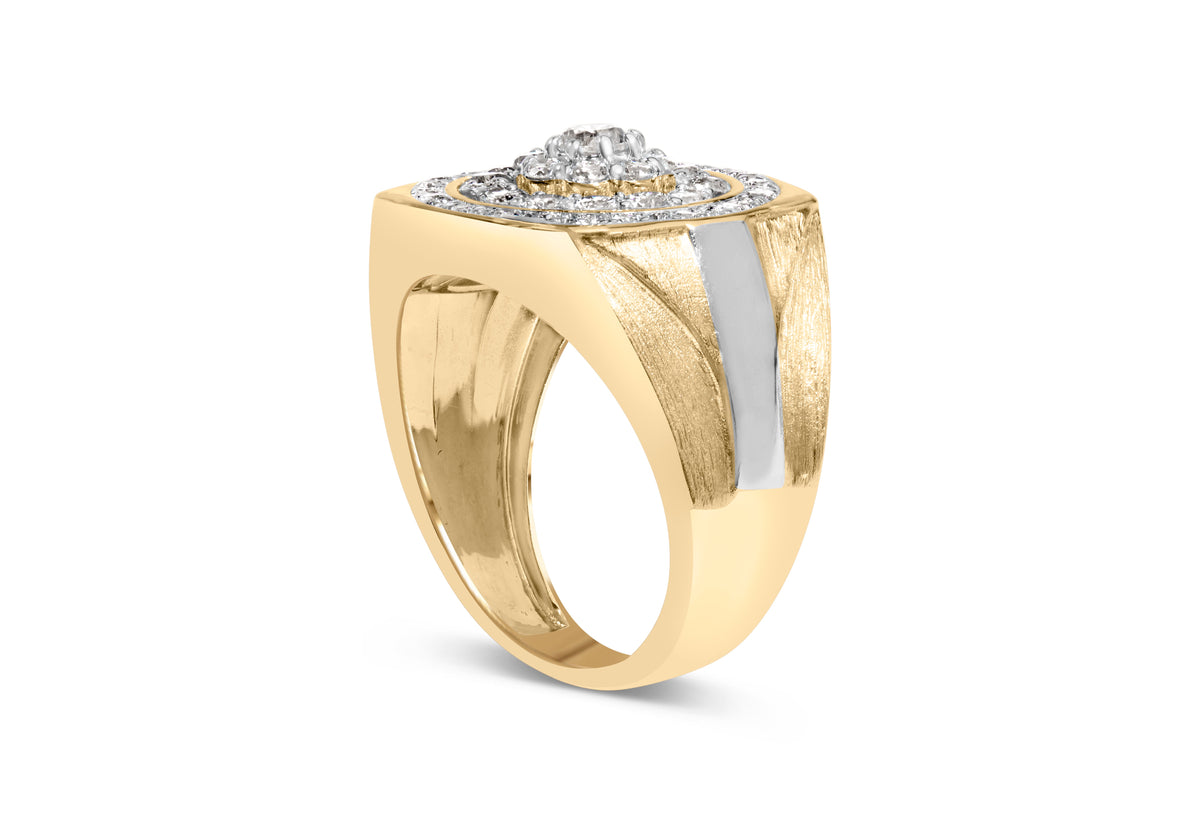 Anillo para hombre de oro amarillo de 10 quilates con diamantes de 1 1/2 quilates en racimo y halo (color K-L, claridad I1-I2) - Talla 10