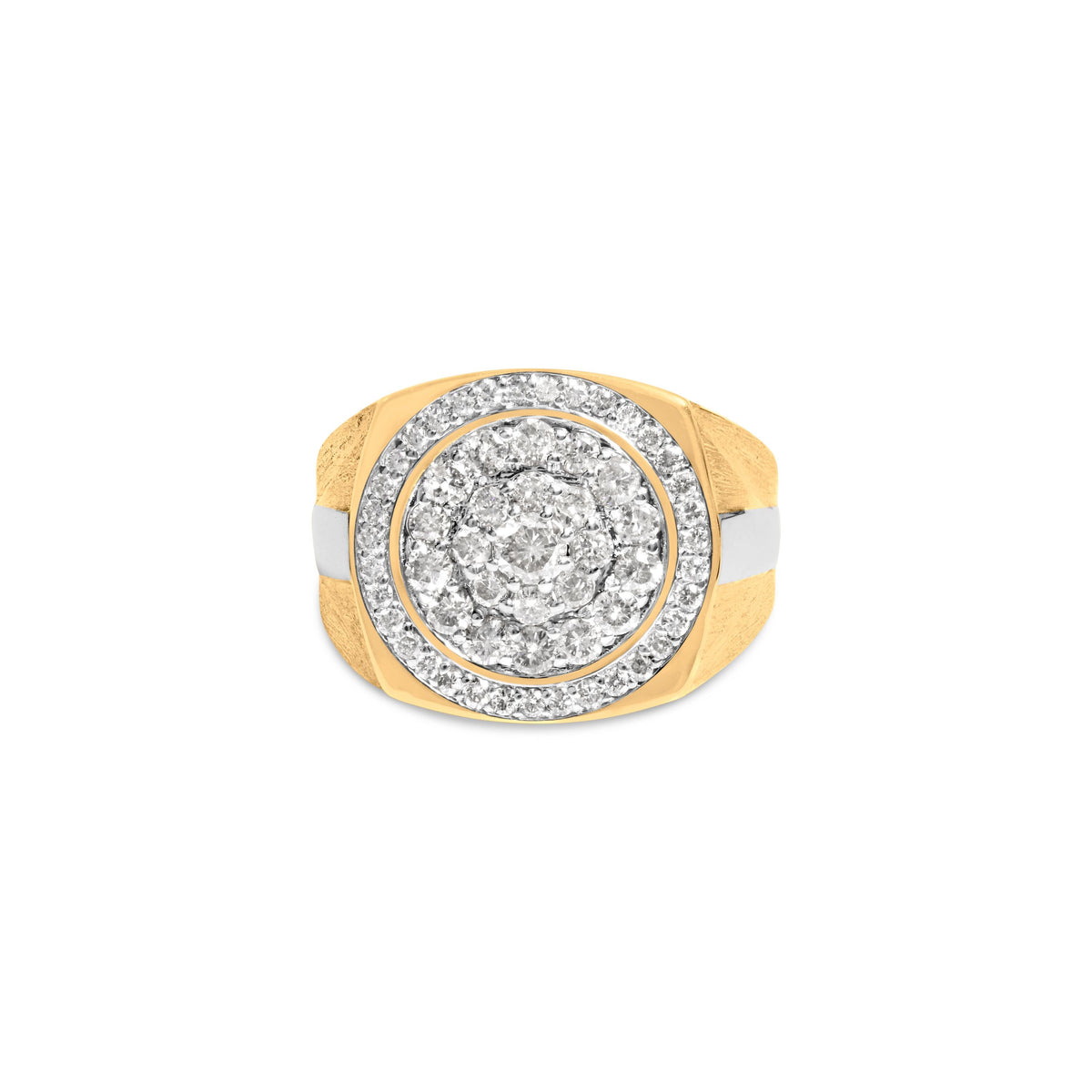 Anillo para hombre de oro amarillo de 10 quilates con diamantes de 1 1/2 quilates en racimo y halo (color K-L, claridad I1-I2) - Talla 10