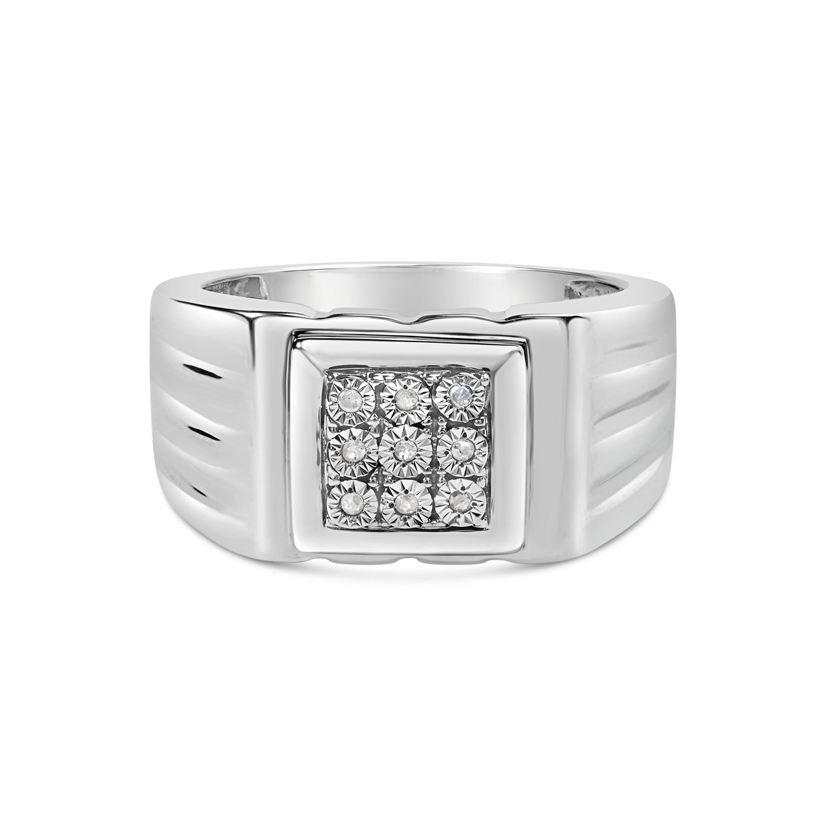 Anillo de moda para hombre de plata esterlina .925 con acentos de diamante en engaste milagro de 9 piedras y banda estriada (color I-J, claridad I3) - Talla 10