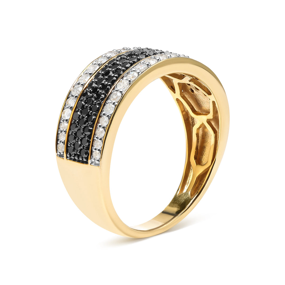 Anillo de oro amarillo de 14 quilates chapado en plata de ley .925, con diamantes blancos y negros tratados de 1 1/4 quilates en varias filas (color negro/I-J, claridad I2-I3) - Talla 10