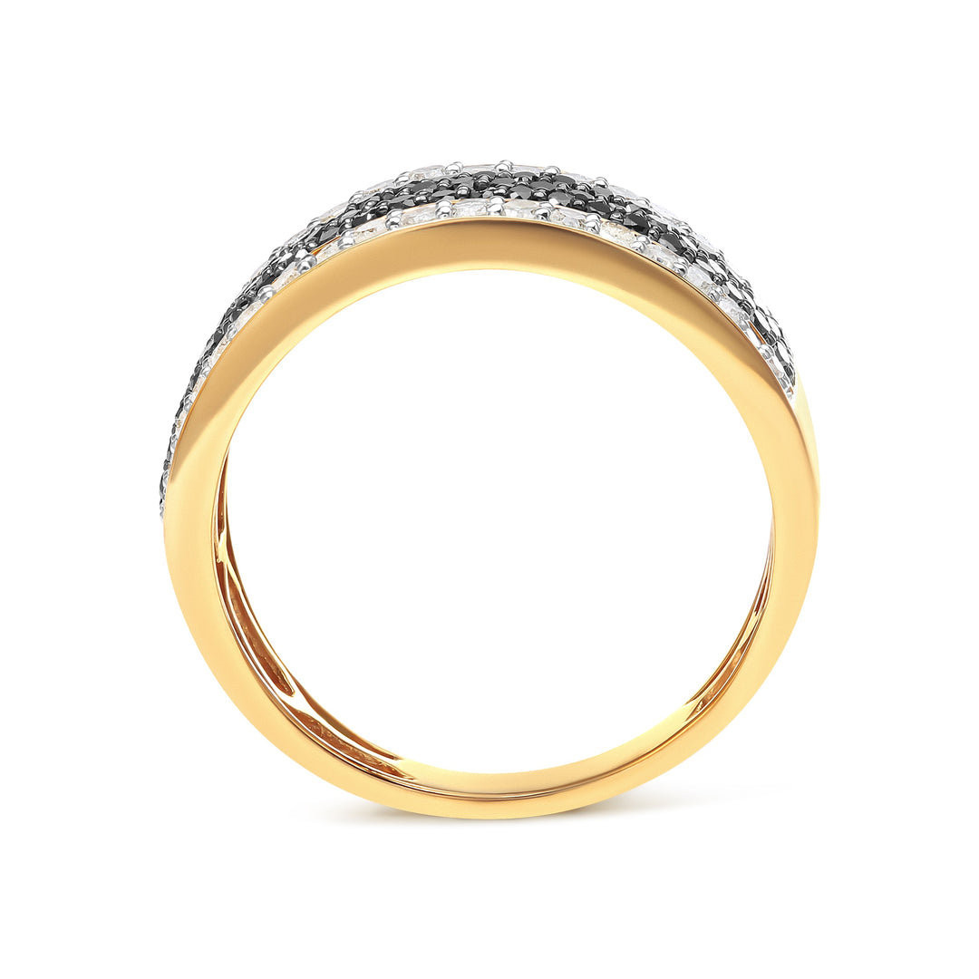 Anillo de oro amarillo de 14 quilates chapado en plata de ley .925, con diamantes blancos y negros tratados de 1 1/4 quilates en varias filas (color negro/I-J, claridad I2-I3) - Talla 10