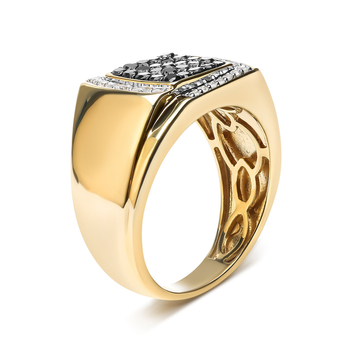 Anillo llamativo de oro amarillo de 10K para hombre con racimo de cojín de 1.00 Cttw de diamante blanco y negro (Color I-J, Claridad I2-I3) - Talla de anillo 10.5