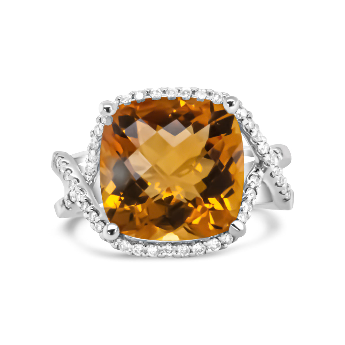 Anillo de Oro Blanco de 14K con Citrino Amarillo de Corte Cojín de 12mm y Diamantes Redondos con Engaste Pavé de 1/3 Cttw - (Color H-I, Claridad VS1-VS2) - Talla 6.5