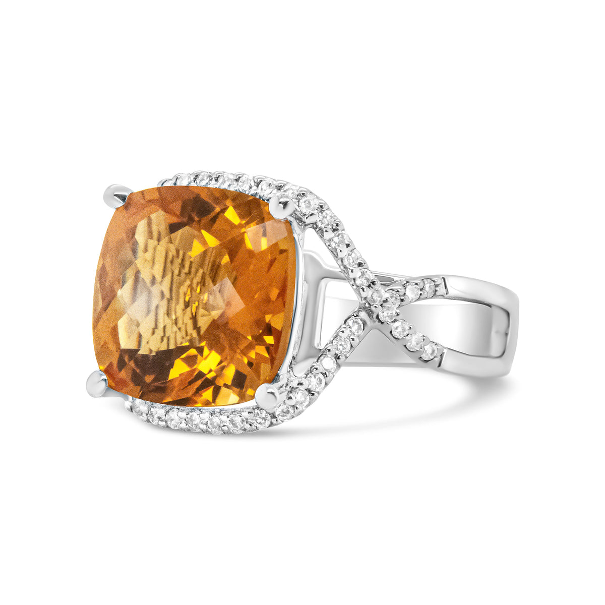 Anillo de Oro Blanco de 14K con Citrino Amarillo de Corte Cojín de 12mm y Diamantes Redondos con Engaste Pavé de 1/3 Cttw - (Color H-I, Claridad VS1-VS2) - Talla 6.5
