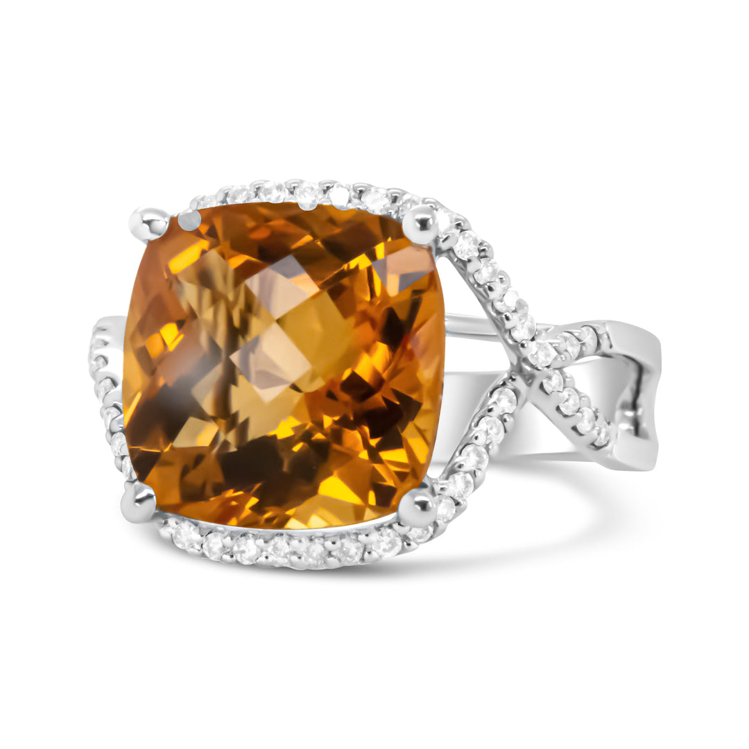14K White Gold 12mm Cushion Cut Yellow Citrine Gemstone and 1/3 Cttw Round Pave-Set Diamond Ring - (H-I Color, VS1-VS2 Clarity)- Size 6.5