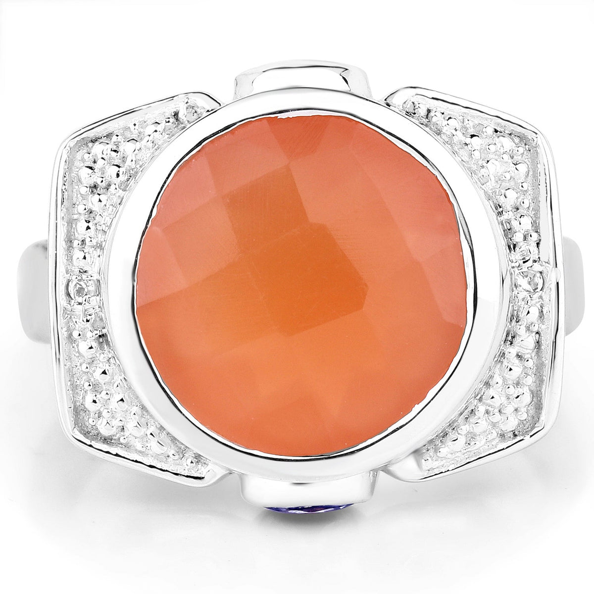 Anillo de plata de ley .925 con piedra lunar melocotón genuina de 5.99 quilates, tanzanita y topacio blanco