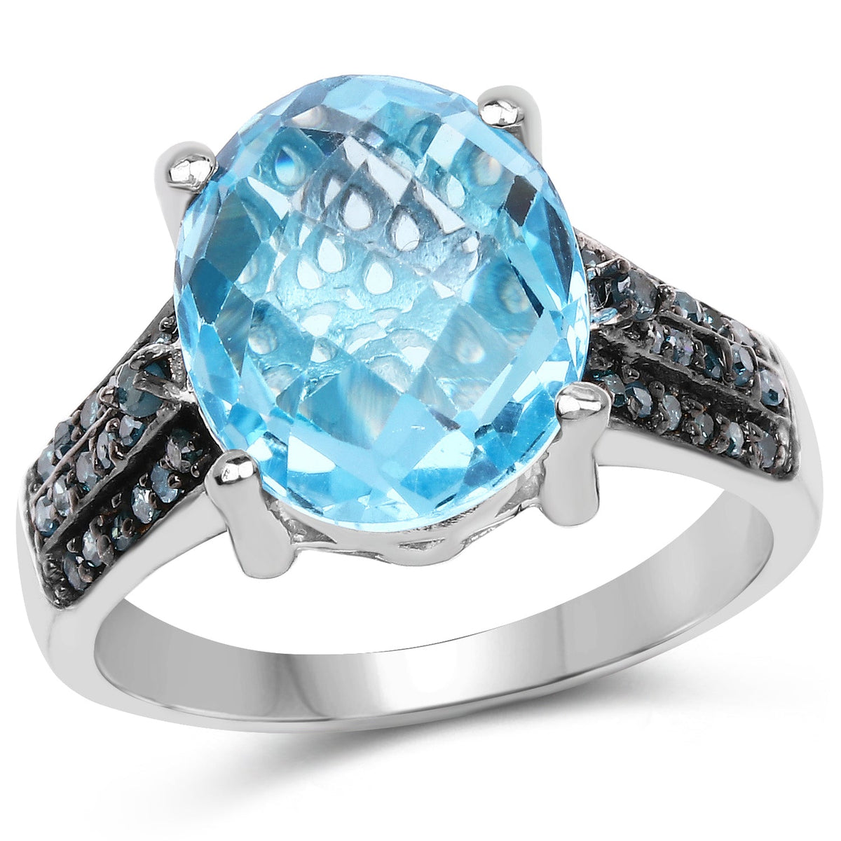 Anillo de plata de ley .925 con topacio azul suizo auténtico de 5,51 quilates y diamantes azules