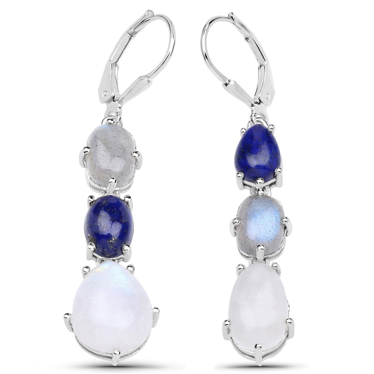 Pendientes de plata de ley .925 con auténtico lapislázuli, labradorita y piedra lunar arcoíris blanca de 10,17 quilates