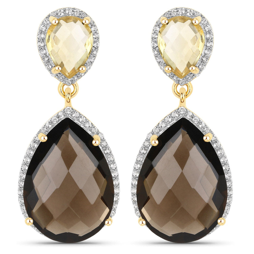 21.12 Carat Genuine Smoky Quartz, Citrine and White Topaz .925 Sterling Silver Earrings