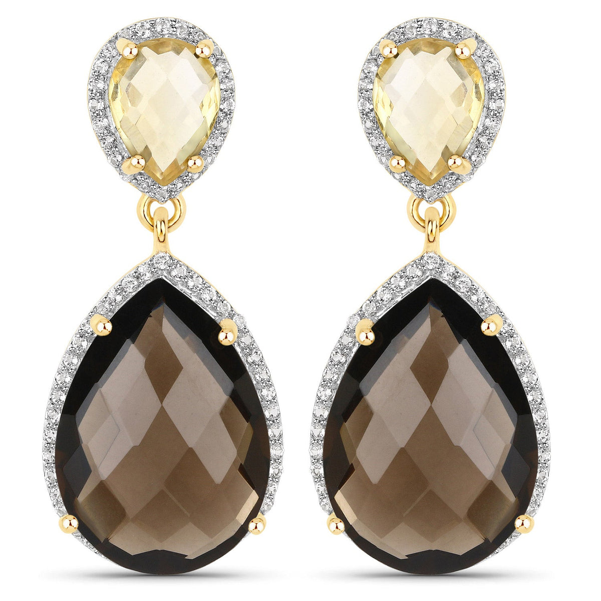 21.12 Carat Genuine Smoky Quartz, Citrine and White Topaz .925 Sterling Silver Earrings - изображение 2 из 3