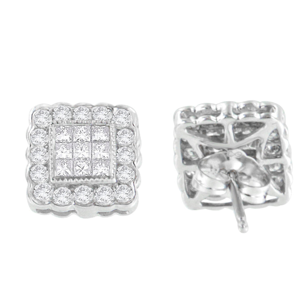 Pendientes de tuerca tipo halo cuadrado con borde festoneado de oro blanco de 14 quilates con diamantes de talla brillante redonda y princesa de 1,0 quilates (color G-H, claridad SI1-SI2)