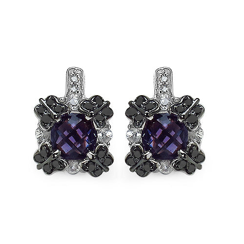 Pendientes de plata de ley .925 con amatista, zafiro blanco y diamante negro auténticos de 2,67 quilates
