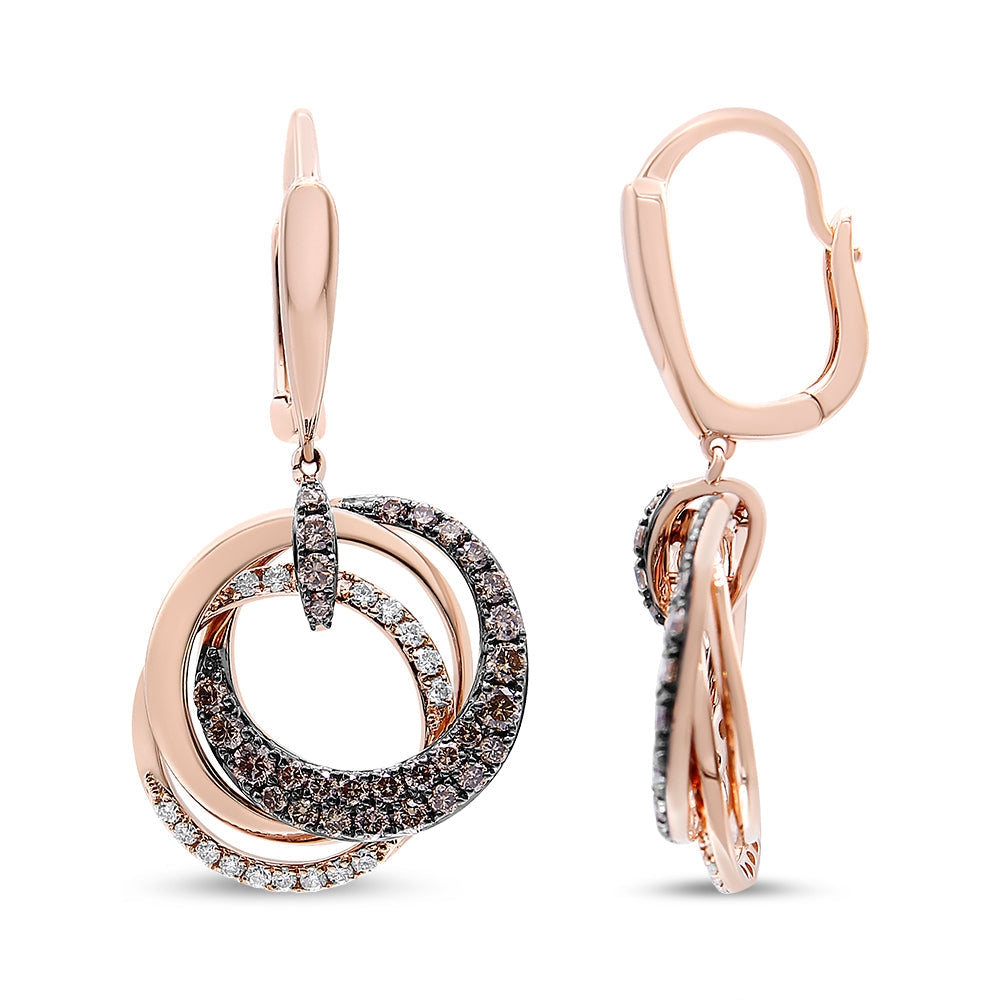 Pendientes de aro y colgantes circulares entrelazados de oro rosa de 14K con diamantes blancos y marrones de 1.00 Cttw (color H-I/marrón, claridad SI1-SI2)