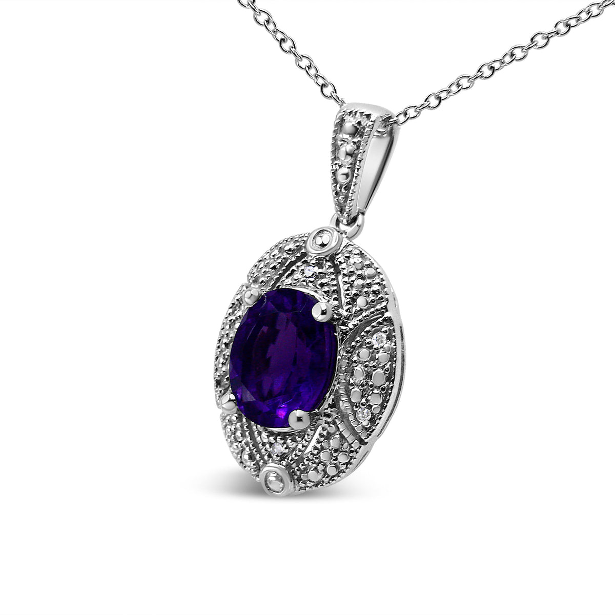 Collar de 45,72 cm con colgante de plata de ley .925, acentos de diamante y amatista ovalada púrpura de 9x7mm (color I-J, claridad I1-I2)