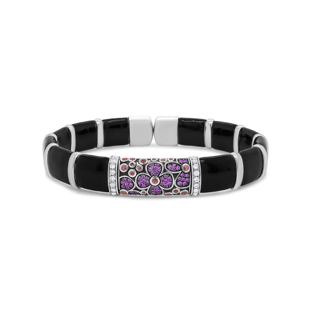 .925 Sterling Silver Black and Brown Enamel 1/3 Cttw Round Diamonds and Pink and Orange Sapphire Gemstones Floral Statement Bangle Bracelet (F-G Color, VS1-VS2 Clarity) - Size 7.75"