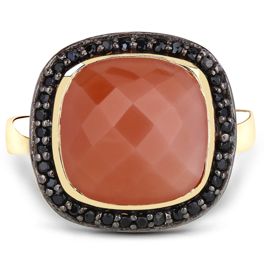 6.74 Carat Genuine Peach Moonstone and Black Spinel .925 Sterling Silver Ring