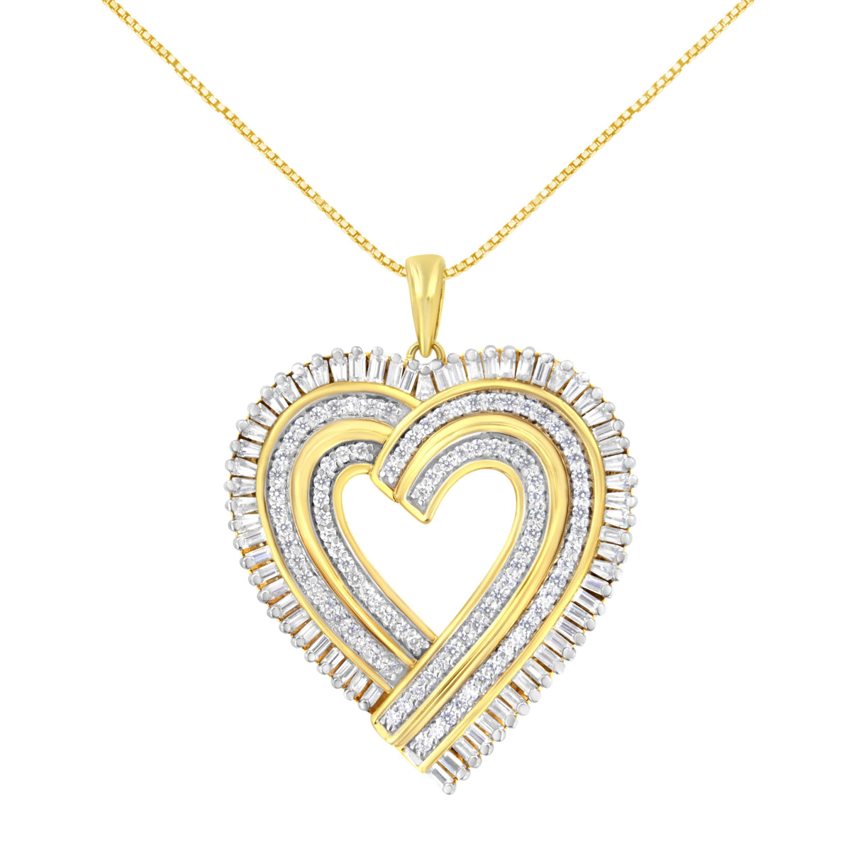 Collar con colgante en forma de corazón, chapado en oro amarillo de 14 quilates sobre plata de ley .925 con diamantes redondos y talla baguette de 1/4 Cttw (color H-I, claridad SI2-I1), 45 cm