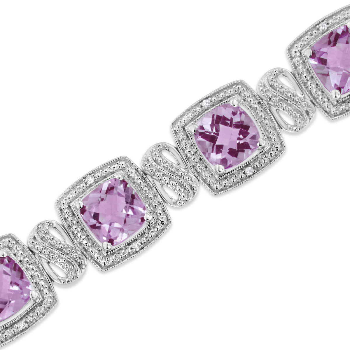 Pulsera de tenis de plata de ley .925 de 7x7 mm con amatista púrpura de corte cojín y diamante redondo de 1/10 cttw con forma cuadrada (color I-J, claridad I1-I2) - 7"