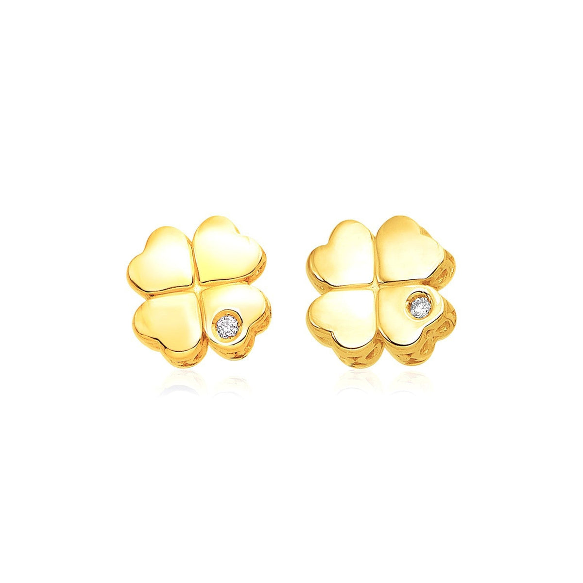 Pendientes de trébol de cuatro hojas pulidos de oro amarillo de 14k con diamantes