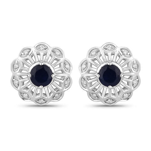 Pendientes de oro blanco de 14 quilates con zafiros azules genuinos de 0.60 quilates y diamantes blancos