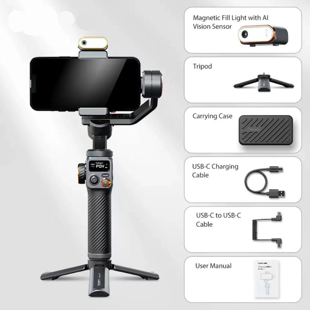 AI-Powered Vlog Stabilizer with Face Tracking and Built-in Fill Light - with Info Display Screen