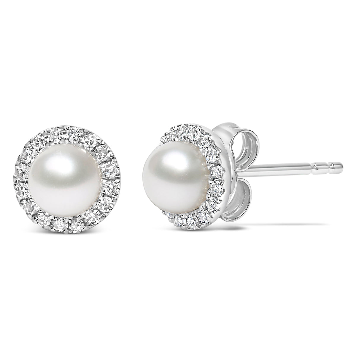 Pendientes de botón halo de oro blanco de 10K con perlas cultivadas de agua dulce de 4,5 mm y diamantes de 1/7 Cttw (color I-J, claridad I1-I2)