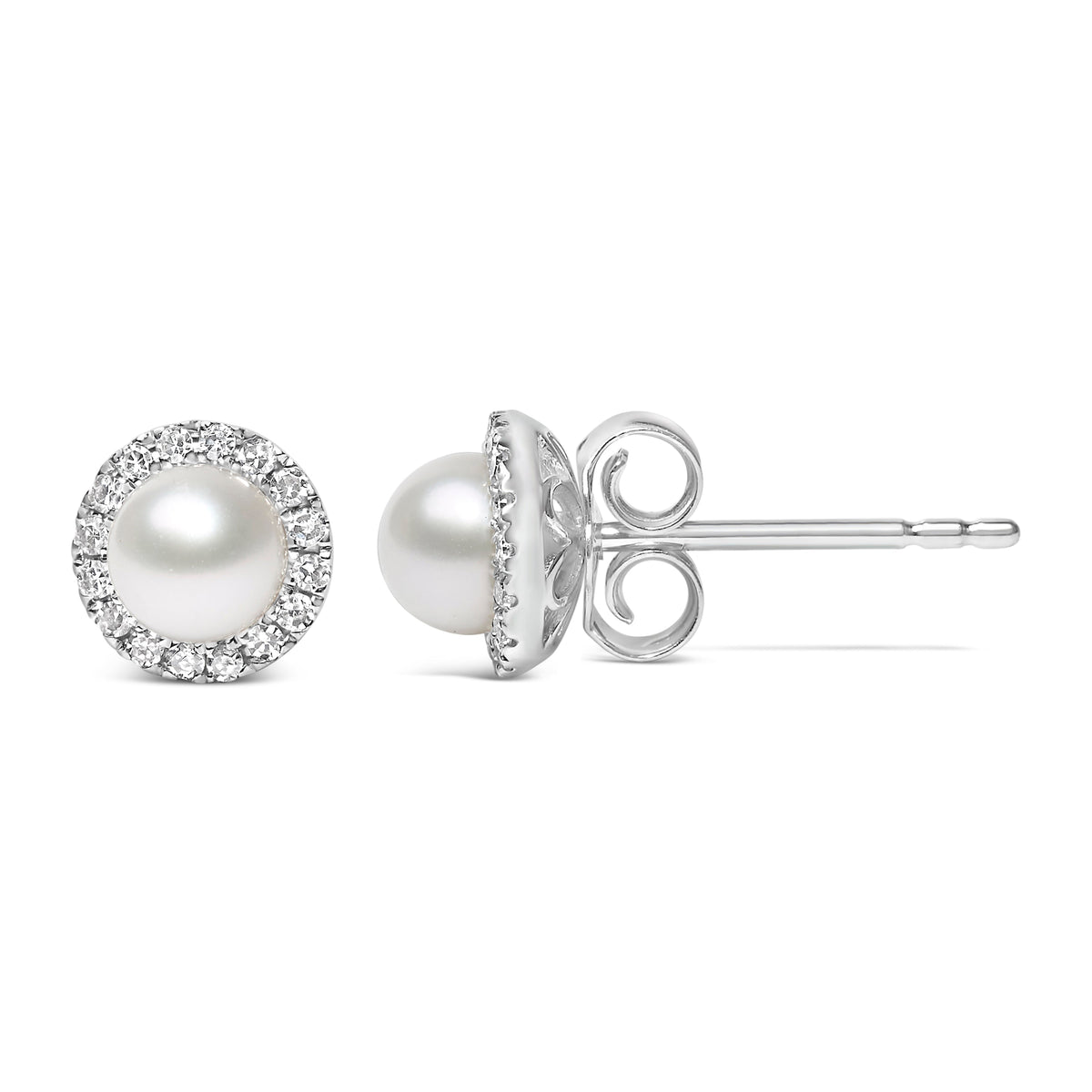 Pendientes de botón halo de oro blanco de 10K con perlas cultivadas de agua dulce de 4,5 mm y diamantes de 1/7 Cttw (color I-J, claridad I1-I2)