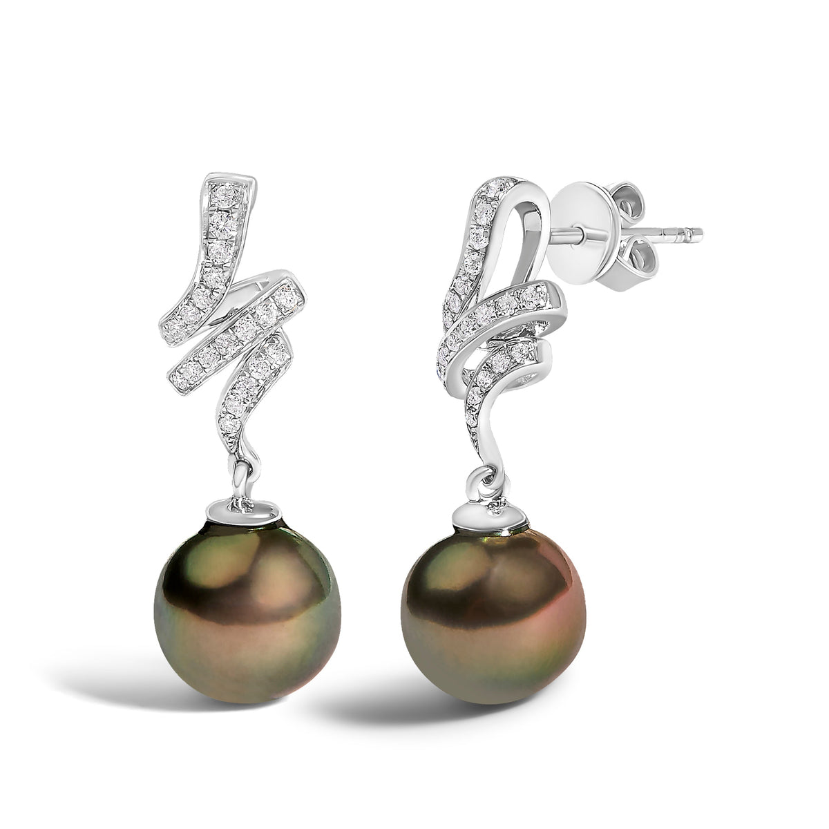 Pendientes colgantes de perlas cultivadas negras de 9 mm y acento de diamante en oro blanco de 14 quilates (Color I-J, Claridad SI1-SI2)