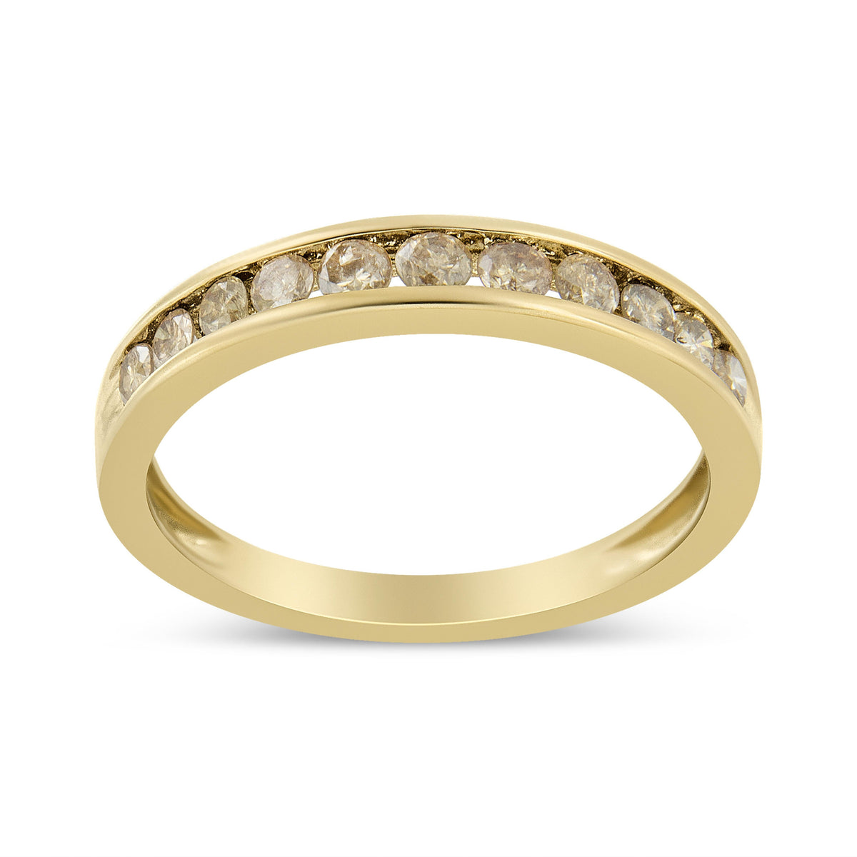 Anillo de oro amarillo de 14 quilates laminado en plata esterlina .925 con diamantes redondos color champán de 1/2 quilate engarzados en canal, 11 piedras (color K-L, claridad I1-I2) - Talla 7