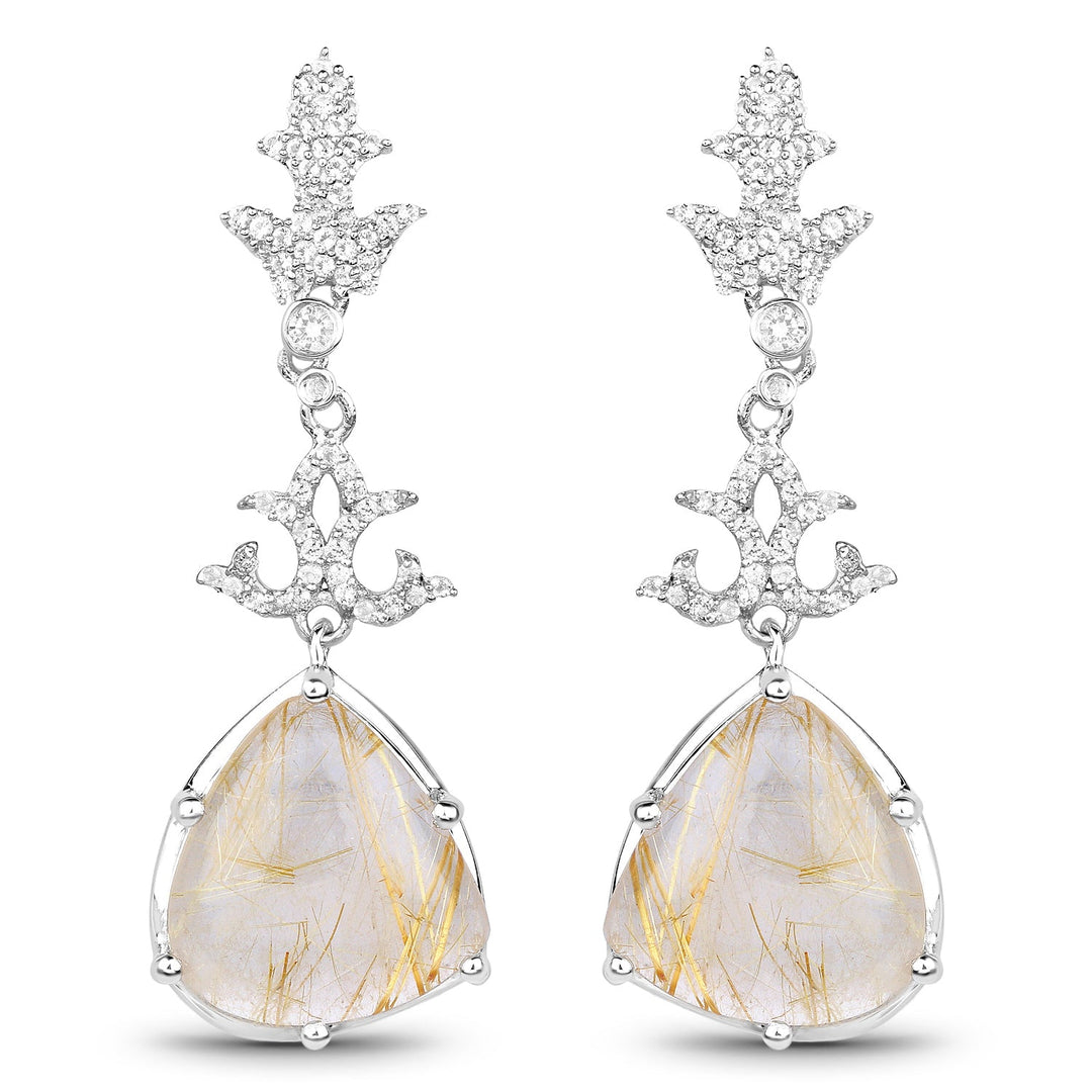 15.97 Carat Genuine Golden Rutile And White Topaz .925 Sterling Silver Earrings