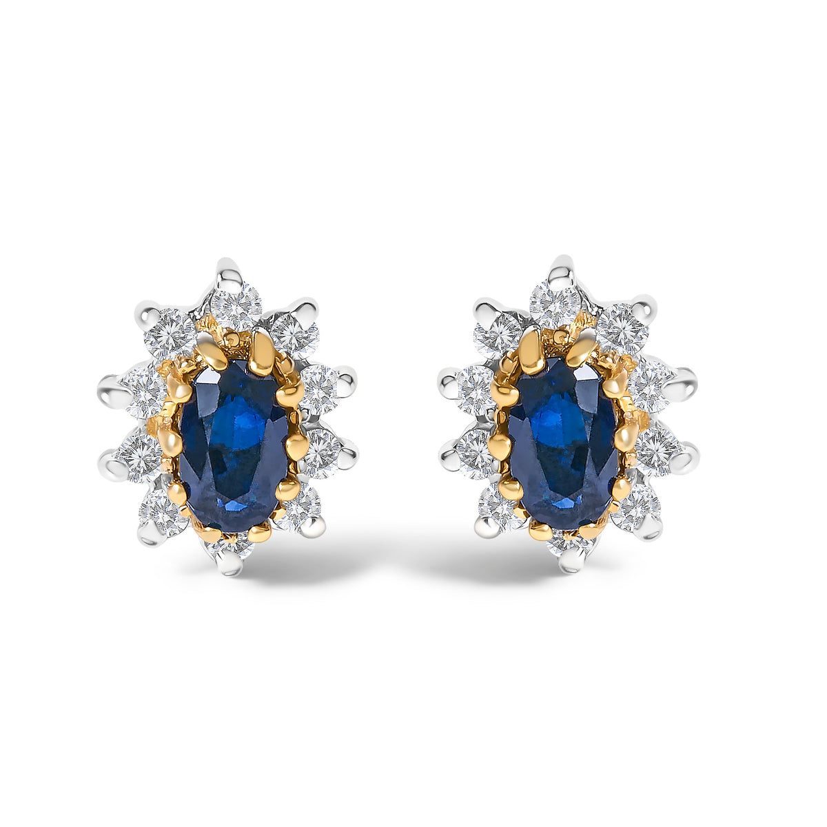 Pendientes de tuerca tipo "Halo" en forma de estallido solar de oro amarillo de 14K con diamantes de 1/4 Cttw y zafiros azules (color K-L, claridad I1-I2)
