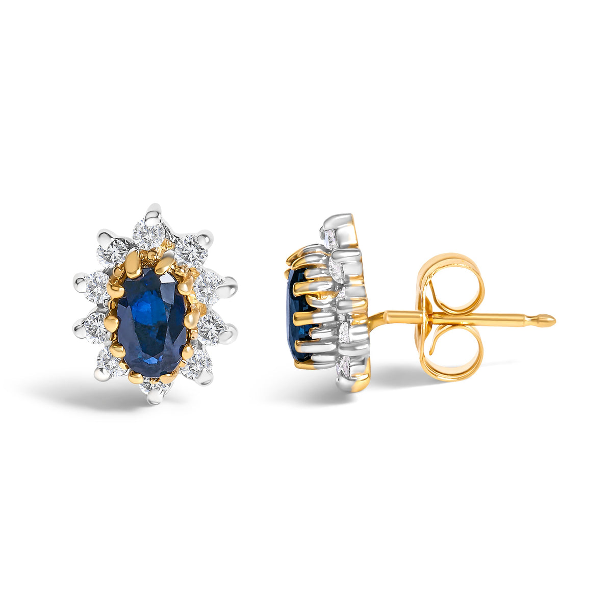 Pendientes de tuerca tipo "Halo" en forma de estallido solar de oro amarillo de 14K con diamantes de 1/4 Cttw y zafiros azules (color K-L, claridad I1-I2)