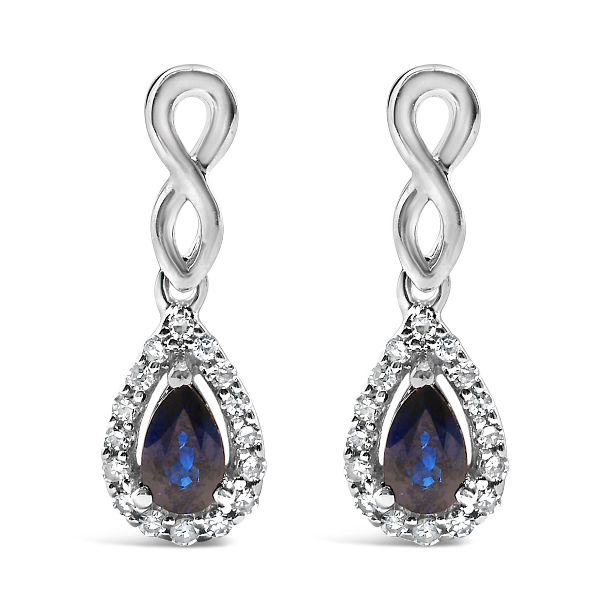 Pendientes colgantes de oro blanco de 10 qt con zafiro azul talla pera y diamantes de 1/7 Cttw (color I-J, claridad I1-I2)