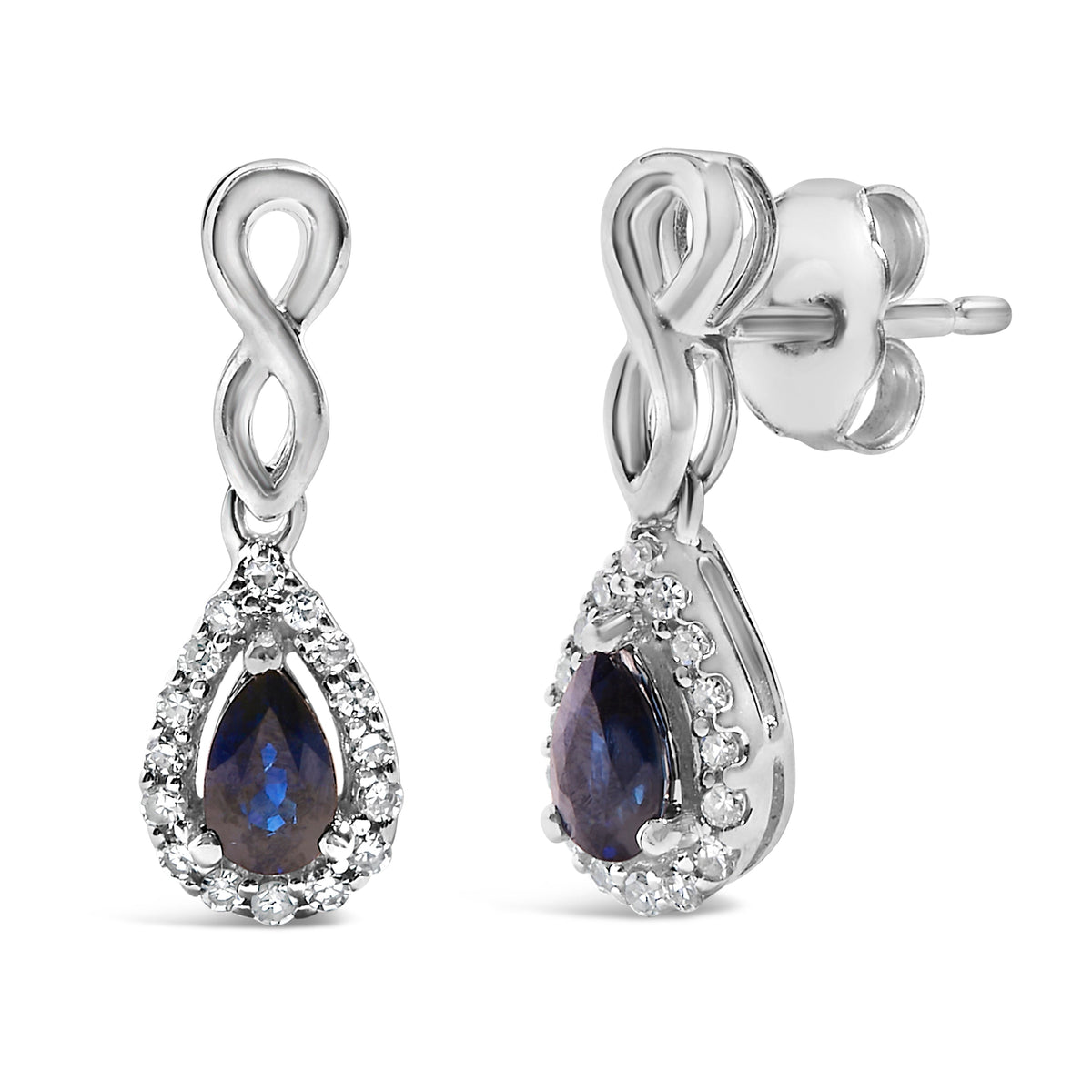 Pendientes colgantes de oro blanco de 10 qt con zafiro azul talla pera y diamantes de 1/7 Cttw (color I-J, claridad I1-I2)