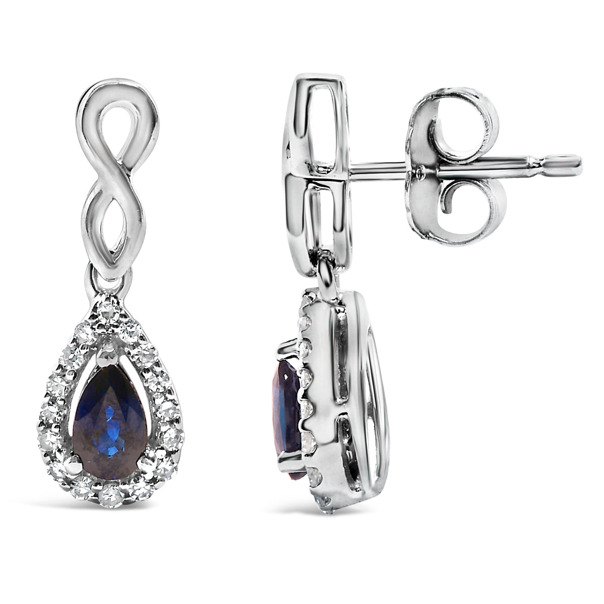 Pendientes colgantes de oro blanco de 10 qt con zafiro azul talla pera y diamantes de 1/7 Cttw (color I-J, claridad I1-I2)